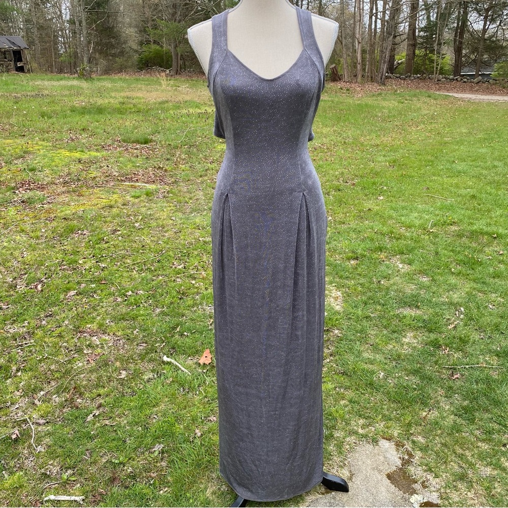 CACHE DRESS MAXI SHEATH SILVER METALLIC SLEEVELESS SEXY CRISSCROSS BACK SIZE 10